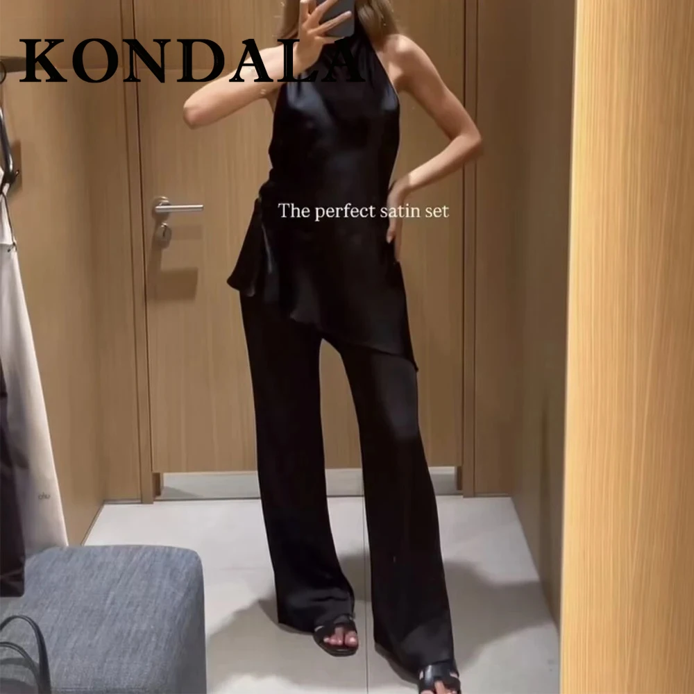 

KONDALA шикарный элегантный роскошный летний женский костюм сексуальный асимметричный топ с открытой спиной + свободные широкие длинные брюки модный комплект 2025 Mujer