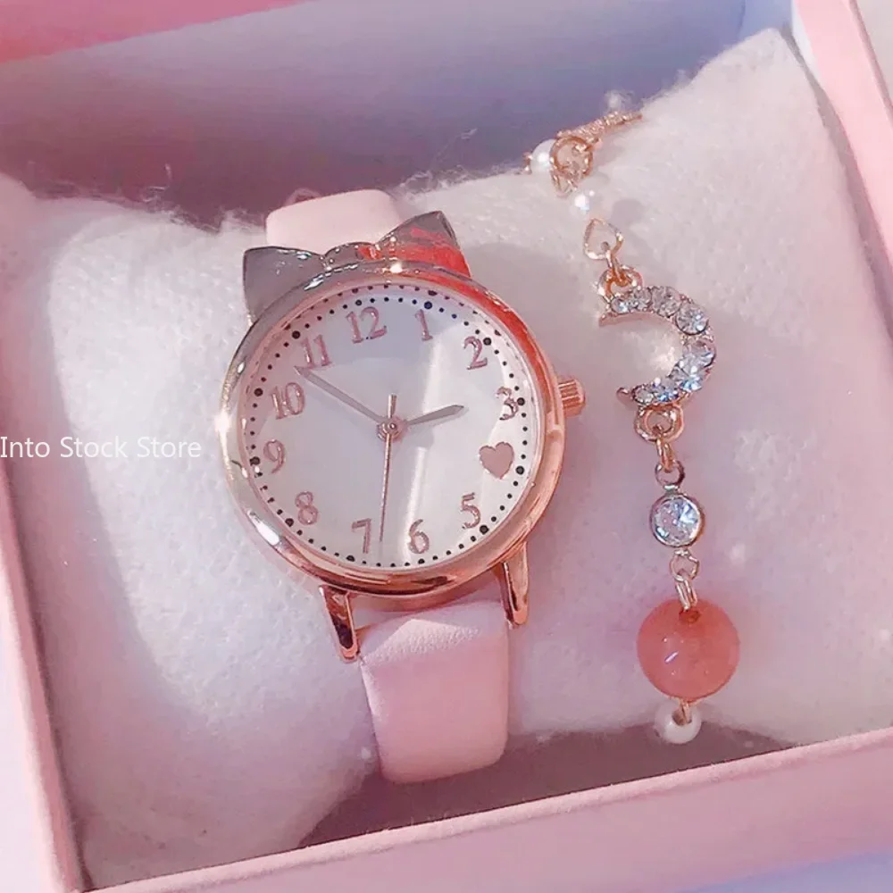 Fashion Kids Love Digital Dial Children Watch Set Leather Strap Quartz Watches Kid Girls Clock Children Watch + Bracelet