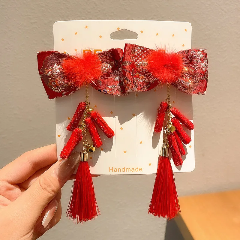 

Red Children's Bow Hairpin Girl's New Year Headwear Chinese Style Hanfu Accessories Hair Clip Hairpin Headwear