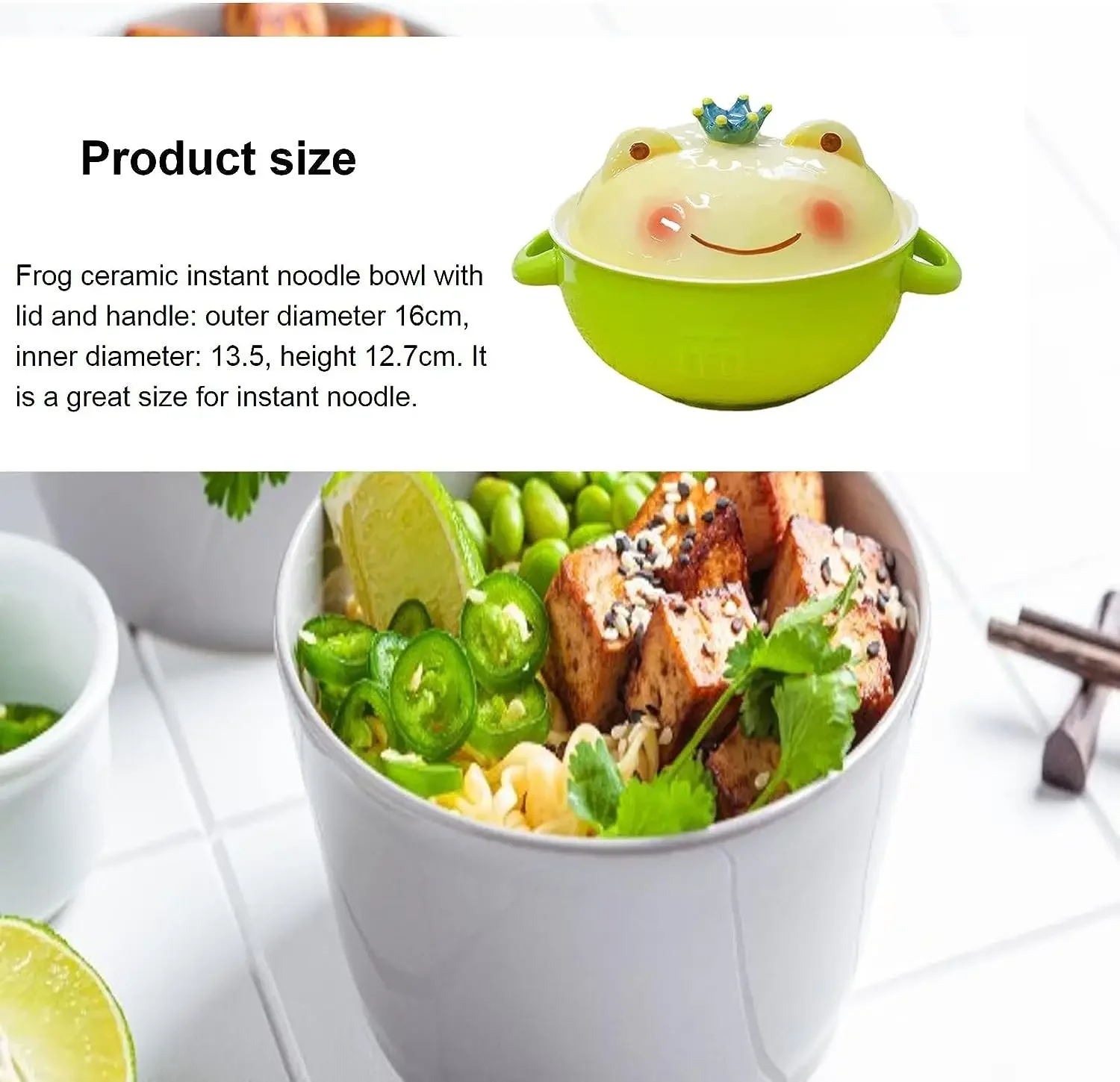 Ceramic Ramen Soup Bowl with Lid and Handle, Instant Noodle Bowl, Cute Frog Bowl for Home Student Dormitory, 1 PC, 700 ML-Cute