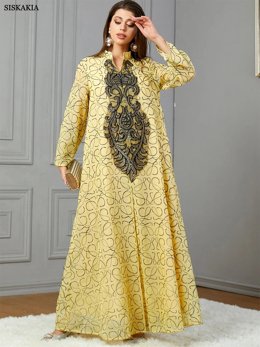 Siskakia Embroideried Sequin Luxurious Dresses With Long Sleeves Muslim Dubai Fashion Elegant Loose Abayas Women\'s Evening Dress