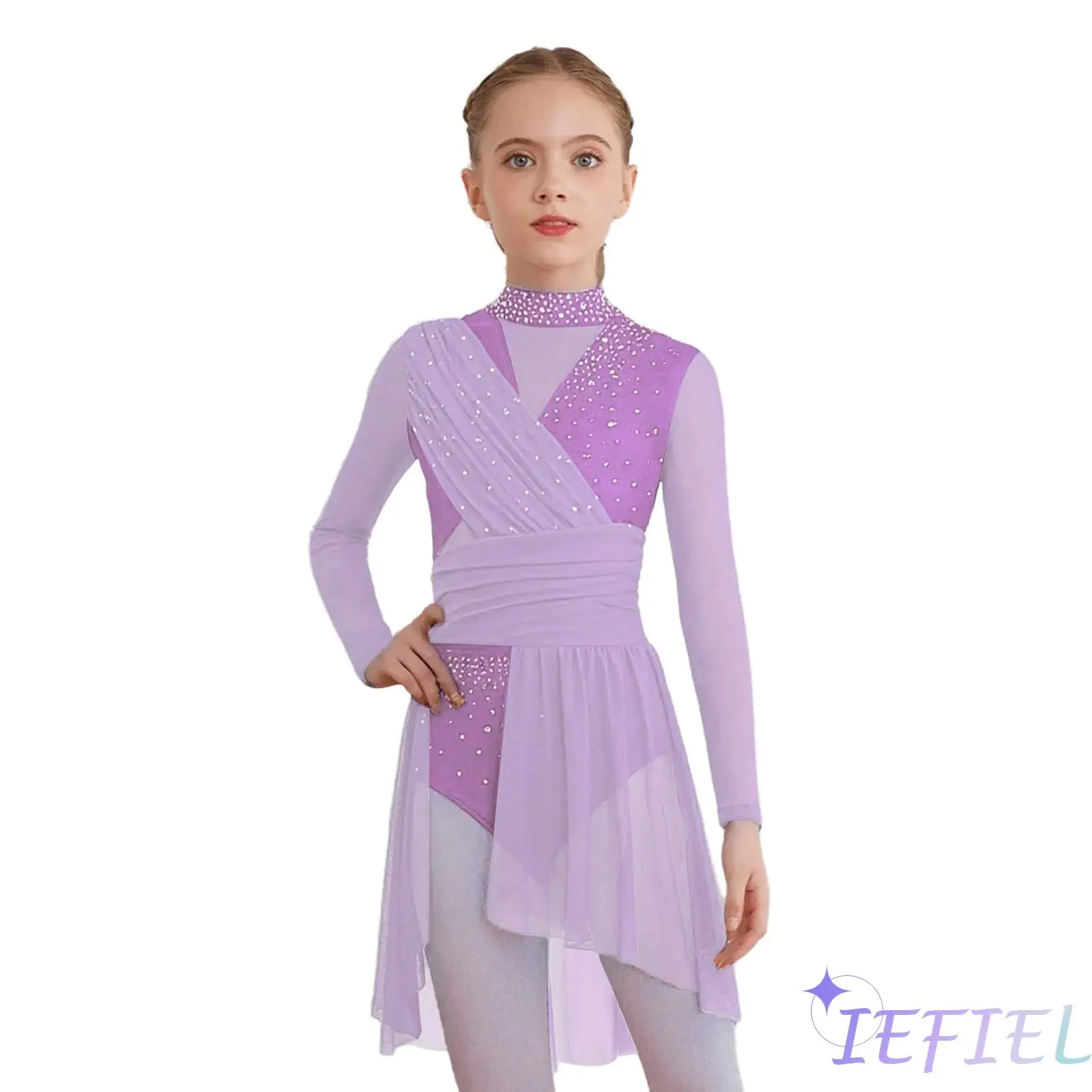 Kids Girls Ballet Jazz Dance Dress Long Sleeve Side Split Sheer Mesh Ruched Glittery Rhinestones Lyrical Dance Leotard Dress