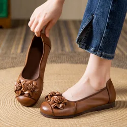 2024 New Autumn Retro Mom Flats Floral Loafers Leather Ballet Flats Woman Non Slip Moccasins Ethnic Style Women's For Shoes