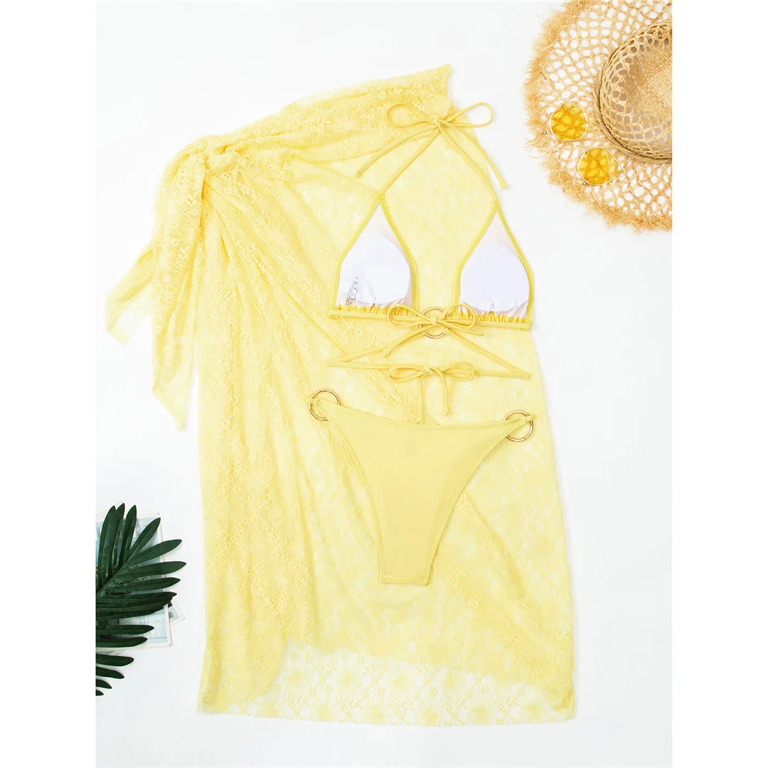 Neu mit Sarong-Neckholder-Bikini, Damen-Badebekleidung, dreiteiliges Bikini-Set, Badeanzug mit hohem Beinausschnitt, Badeanzug, Schwimmbekleidung V7612 – Detail 3