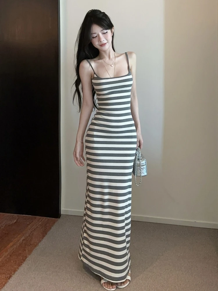 

Сексуальное облегающее платье Pure Desire с низким вырезом и ремешком на талии, винтажное длинное платье в полоску, летнее платье Ele Bal для женщин