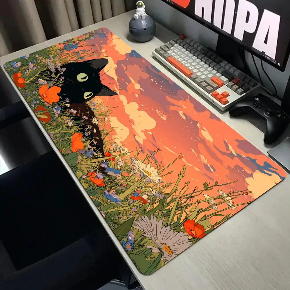 Beautiful flower fields and cat Mouse Pad Desk Mat Stitched Edge Non-Slip gaming mats pc accessories keyboard desk pad mauspad