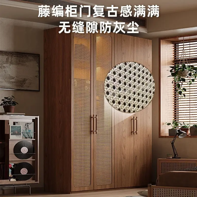 New modern minimalist full-height rattan panel swing door wardrobe for home bedroom, mid-century style storage cabinet
