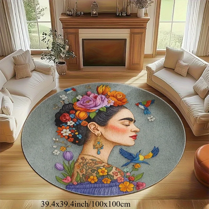 Frida Kahlo Floral Portrait Art Round Rug Flannel Living Room Bedroom Decor Bohemian Style Floor Mat Cultural Statement Piece