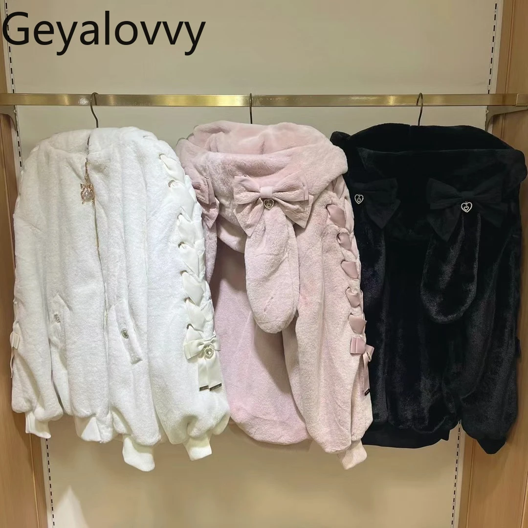 

Autumn Winter New Japanese Style Sweet Cute Girls Rabbit Ear Hooded Jacket Versatile Solid Color Bowknot Fluffy Warm Loose Coat