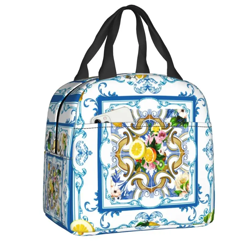 Custom Mediterranean Sicilian Tiles Lemons Citrus Insulated Lunch Bag for School Office Cooler Thermal Lunch Box Women Children