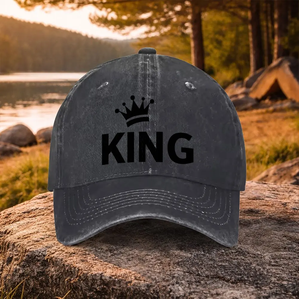 KING Crown Print Washed Duckbill Baseball Cap - Adjustable Unisex Golf & Casual Hat Suitable for Men & Women, Lightweight Machin