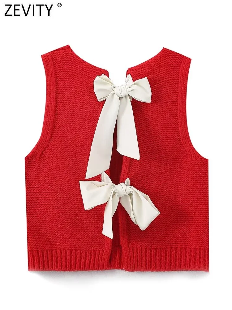 Zevity New Women Fashion Sleeveless Back Bow Tied Design Short Knitting Vest Sweater Female Chic Waistcoat Pullovers Tops CT6257