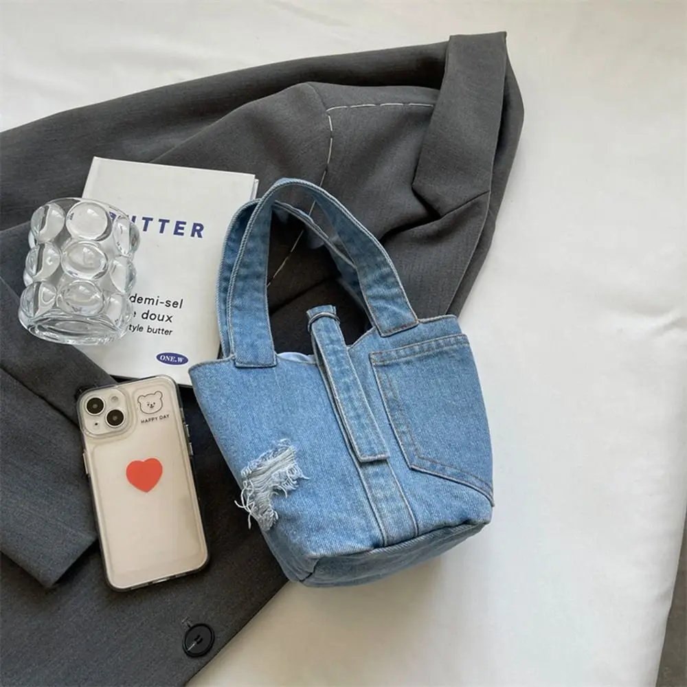 

Simple Large Capacity Denim Bucket Bag Phone Pockets Handbag Tote Bag With Hole Shoulder Bag Canvas Lunch Bag Outdoor