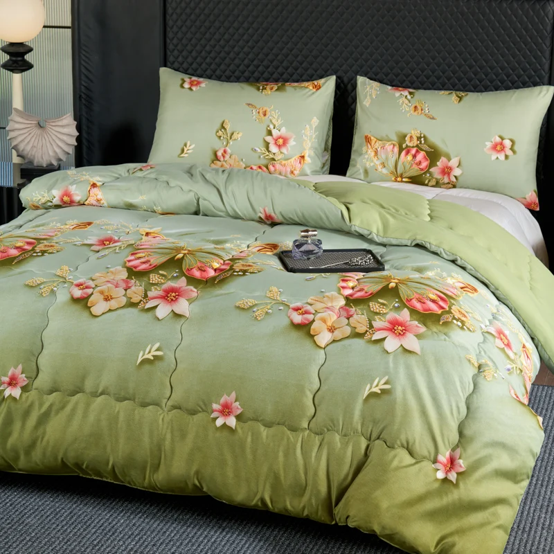 1PC， fresh matcha green floral print winter quilt, thick and warm winter single and double quilt core, machine washab
