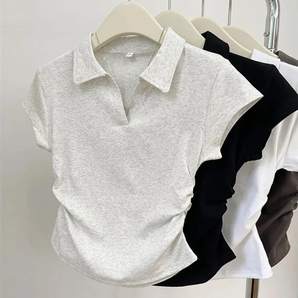 

Модные футболки для женщин, повседневные футболки с воротником с лацканами на талии и короткими рукавами, женские утягивающие футболки, топы