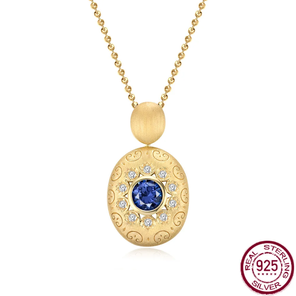 

New S925 pure silver inlaid round 6 cultivated blue treasure light luxury simple versatile gold single pendant wedding jewelry