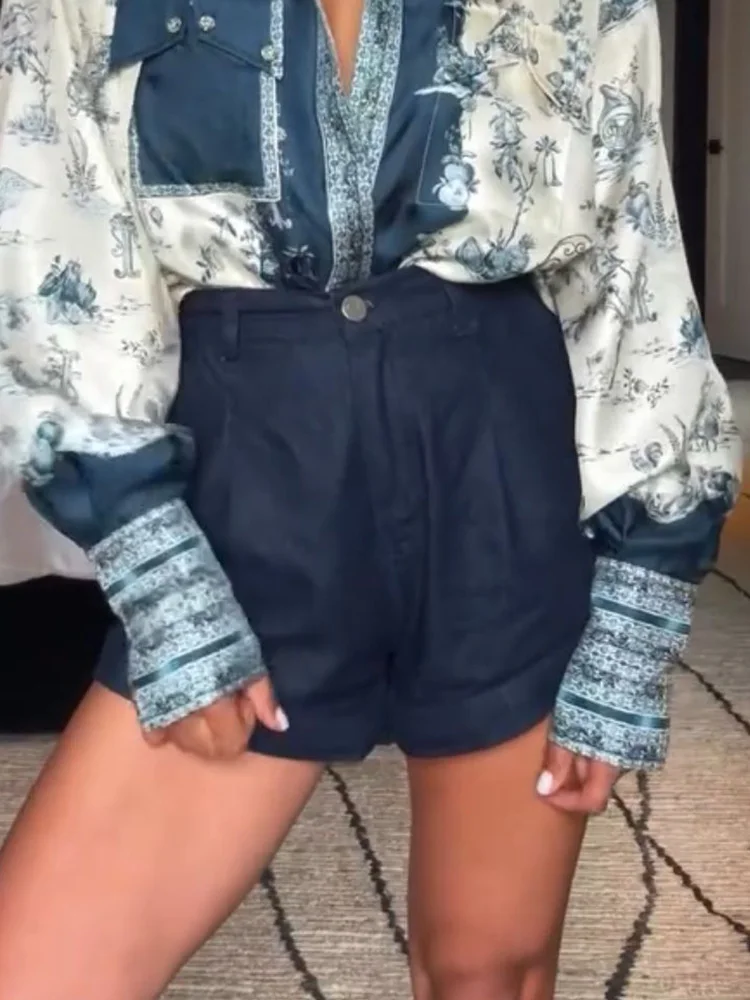 Blusa elegante de satén para ir al trabajo para mujer, camisas informales de manga larga con solapa estampada, blusa holgada de un solo pecho para mujer