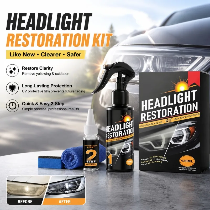 Headlight Restoration Kit, 2-Step Auto Headlight Polish Cleaner for Yellowed Oxidized Headlights Repair, UV Protective Film,
