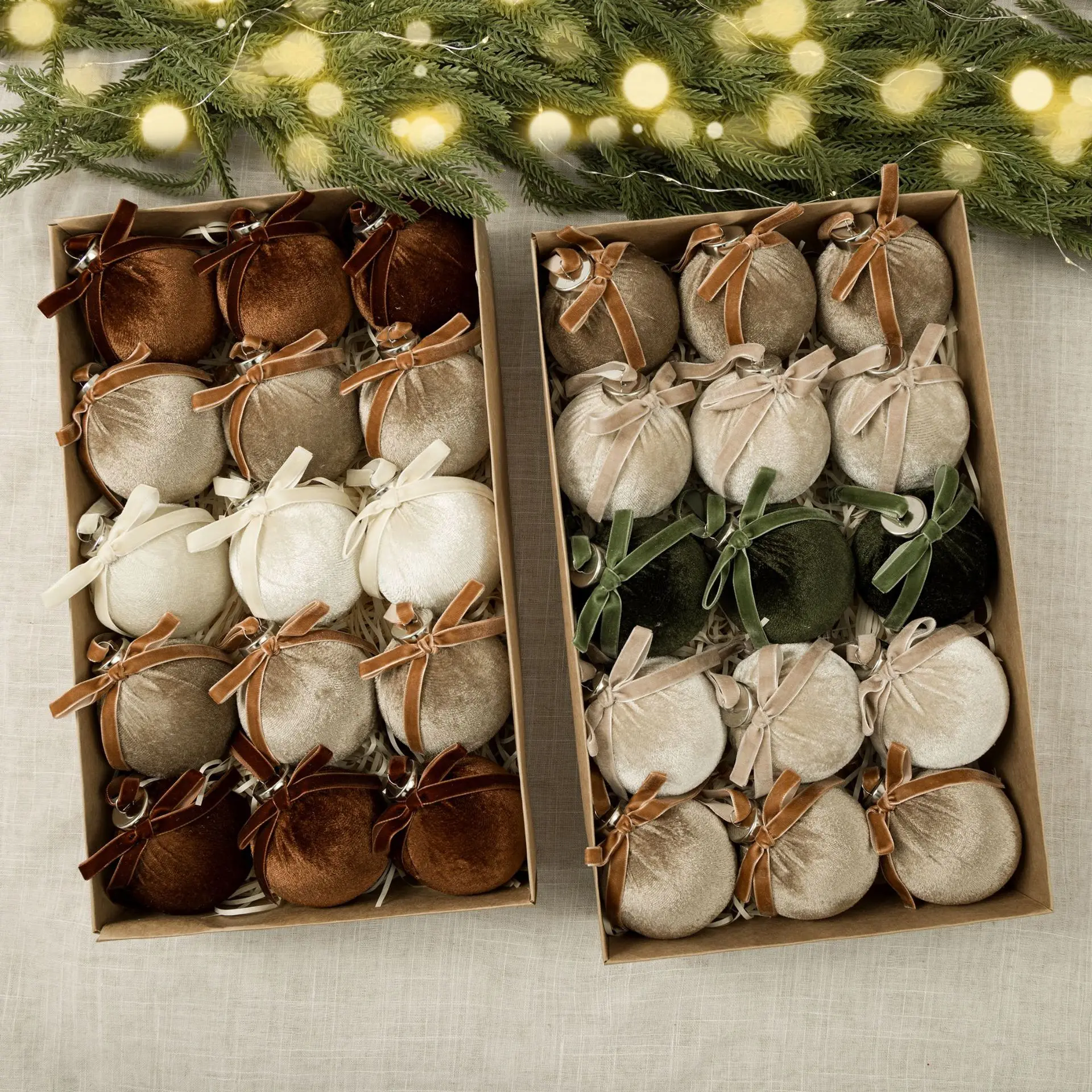 15Pcs Velour Christmas Ball Ornaments Set Pink Cream Plush Fabric Baubles 6cm 8cm With Pre Tied Bows For Tree Home Party Holiday