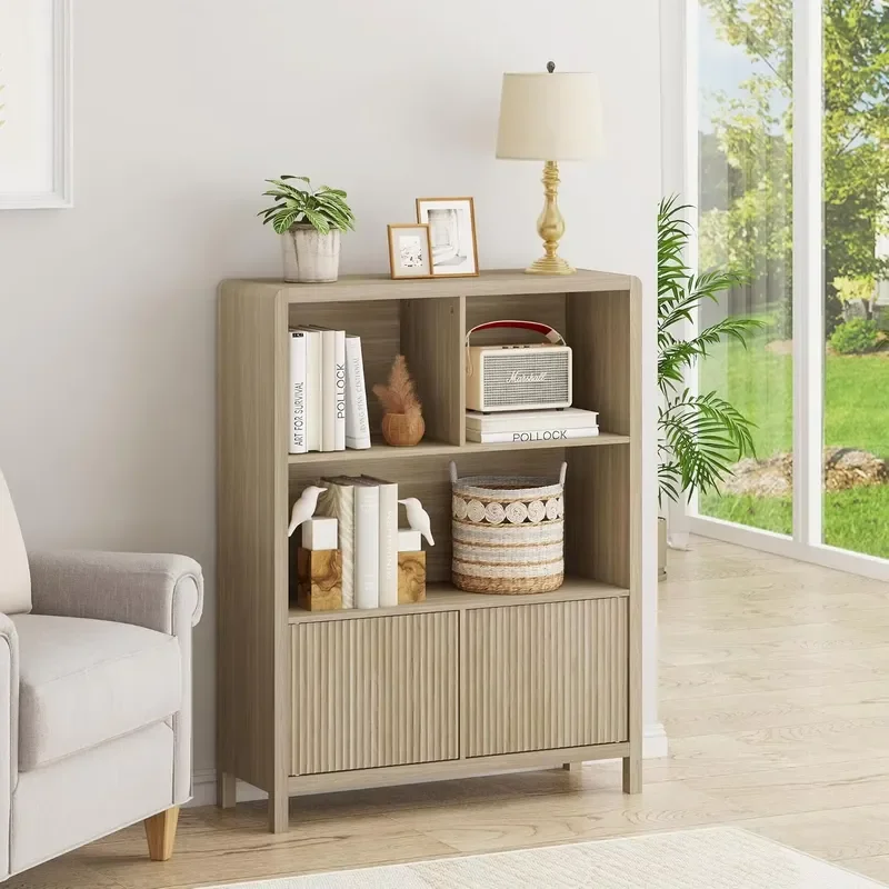 Modern wood primary color living room locker with grooved patterned door panels and open shelving