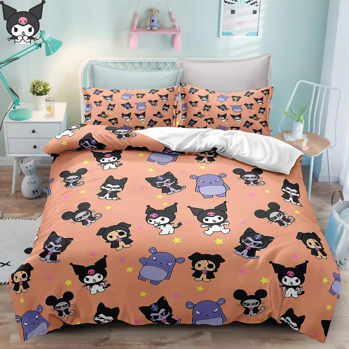 Children new Bed Sheets  Pillowcases Gift Sanrio Cartoon Anime Cute Girl Cinnamoroll Kuromi Customizable Bed Sheets  3Pcs Sheet