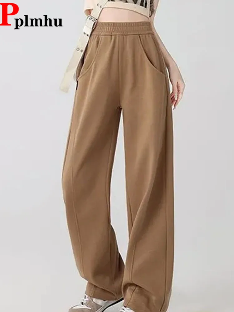 

Women Khaki Baggy Wide Leg Pants Korean Fashion Elastic High Waist Straight Sweatpants Spring Fall Casual Loose Pantalones 2024