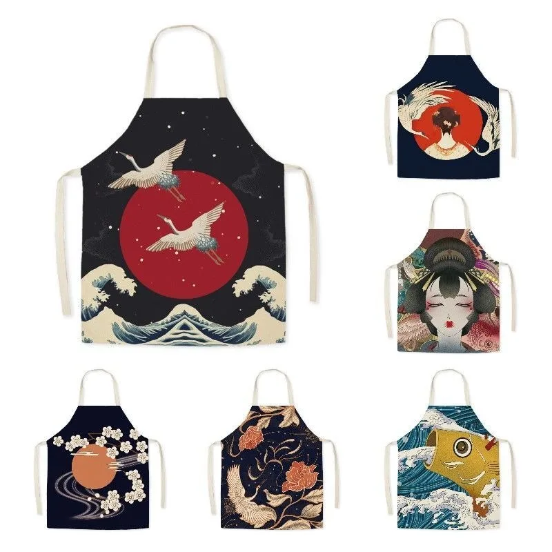 Retro Chinese crane pattern linen apron home cleaning anti-oil bib kitchen adult cooking baking sleeveless apron