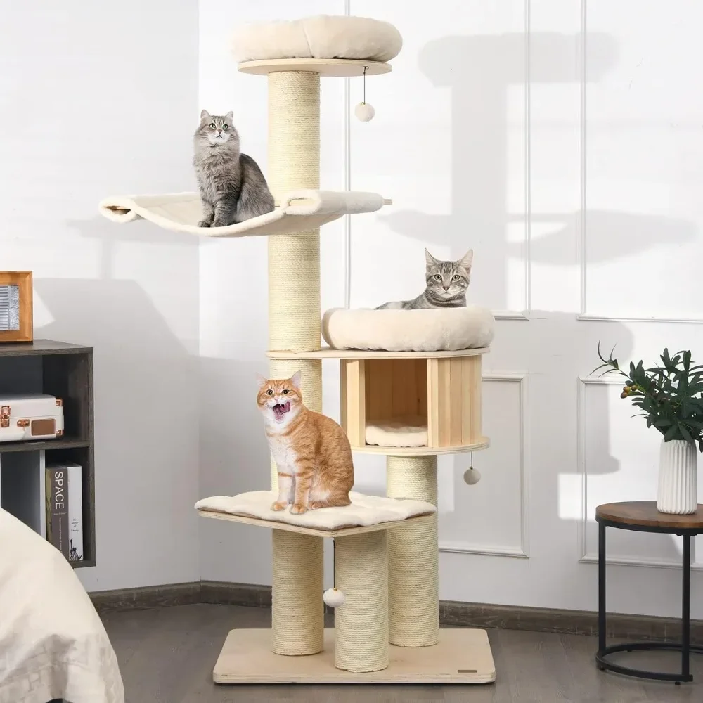 

77.5" Tall Cat Tree, Multi-Level Modern Cat Tower with Sisal Scratching Posts,Top Perch,Hammocks, Hanging Basket,Jingling Balls