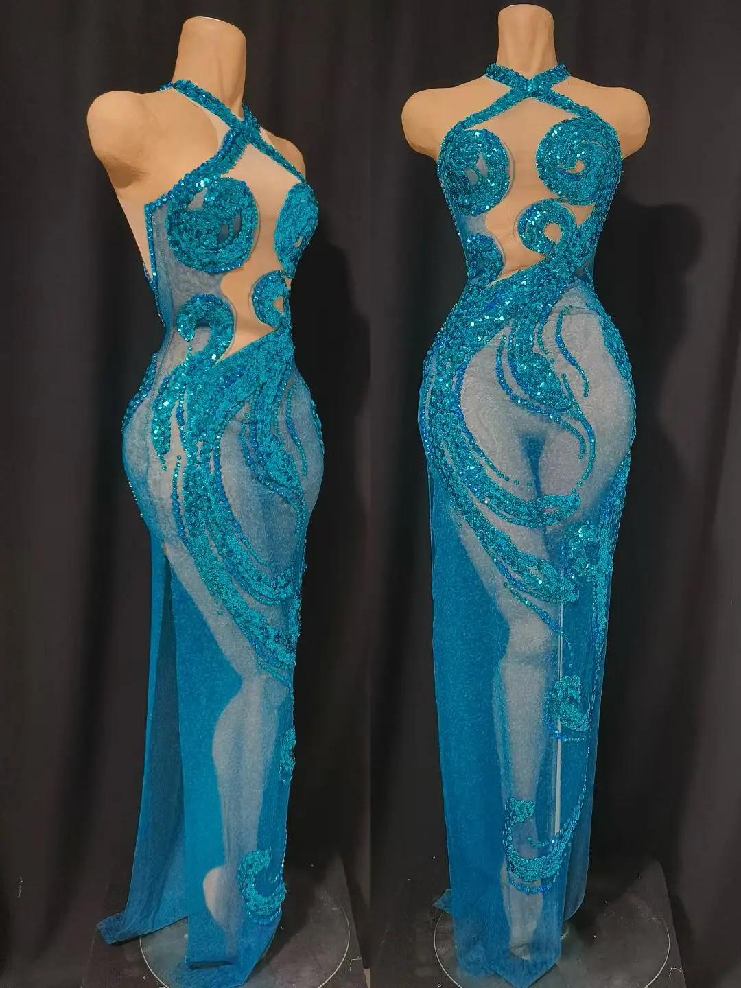 

Blue Sequins Sexy See through Sheer Halter Backless Long Dress Fashion Woman Birthday Party Dress Stage Performance Costume