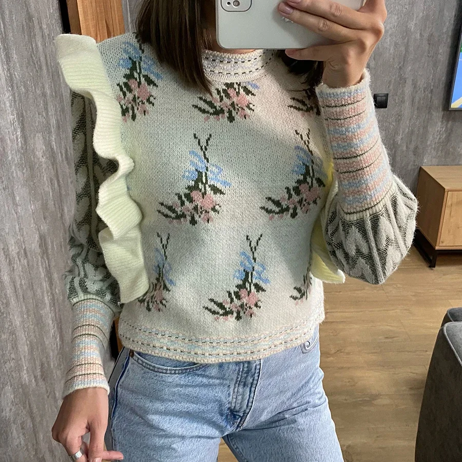 

Women's Knit Sweater 2024 Fashion Ladies O-Neck Stitching Ruffle Streetwear Female Clothing Comfortable Streetwear SW5698