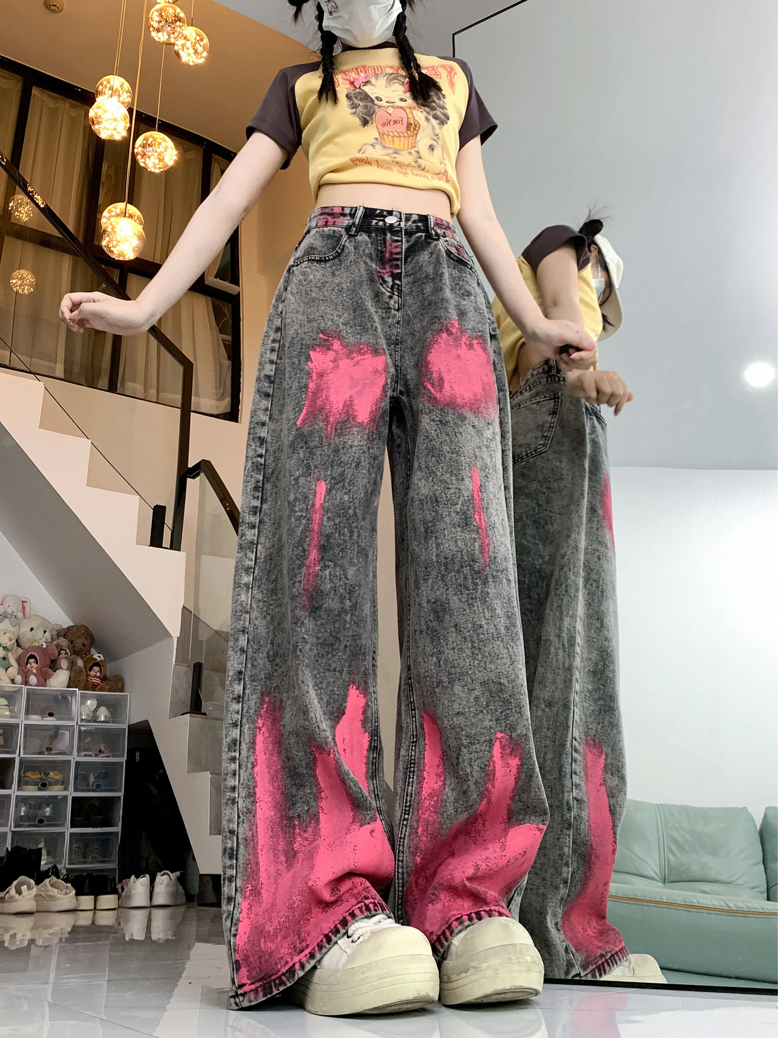 

American high street vibe design with graffiti jeans, straight leg loose wide leg pants, spring and autumn casual versatility