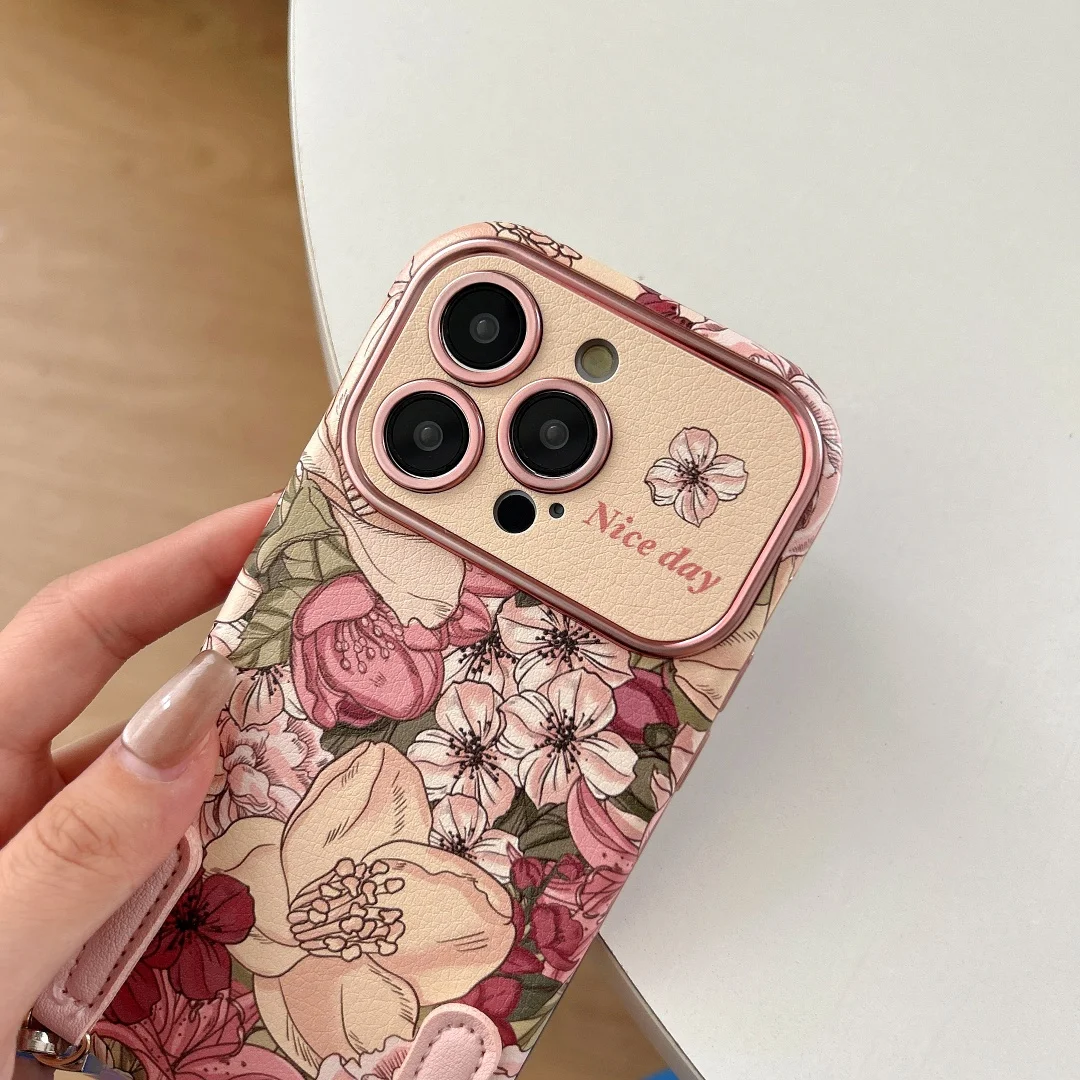 เคสโทรศัพท์ลายภาพวาดสีน้ำมันดอกไม้ สำหรับ iPhone 16 15 14 Pro Max ป้องกันเลนส์กล้อง เคสซิลิโคนนิ่มกันกระแทก พร้อมสายคล้อง ﻿