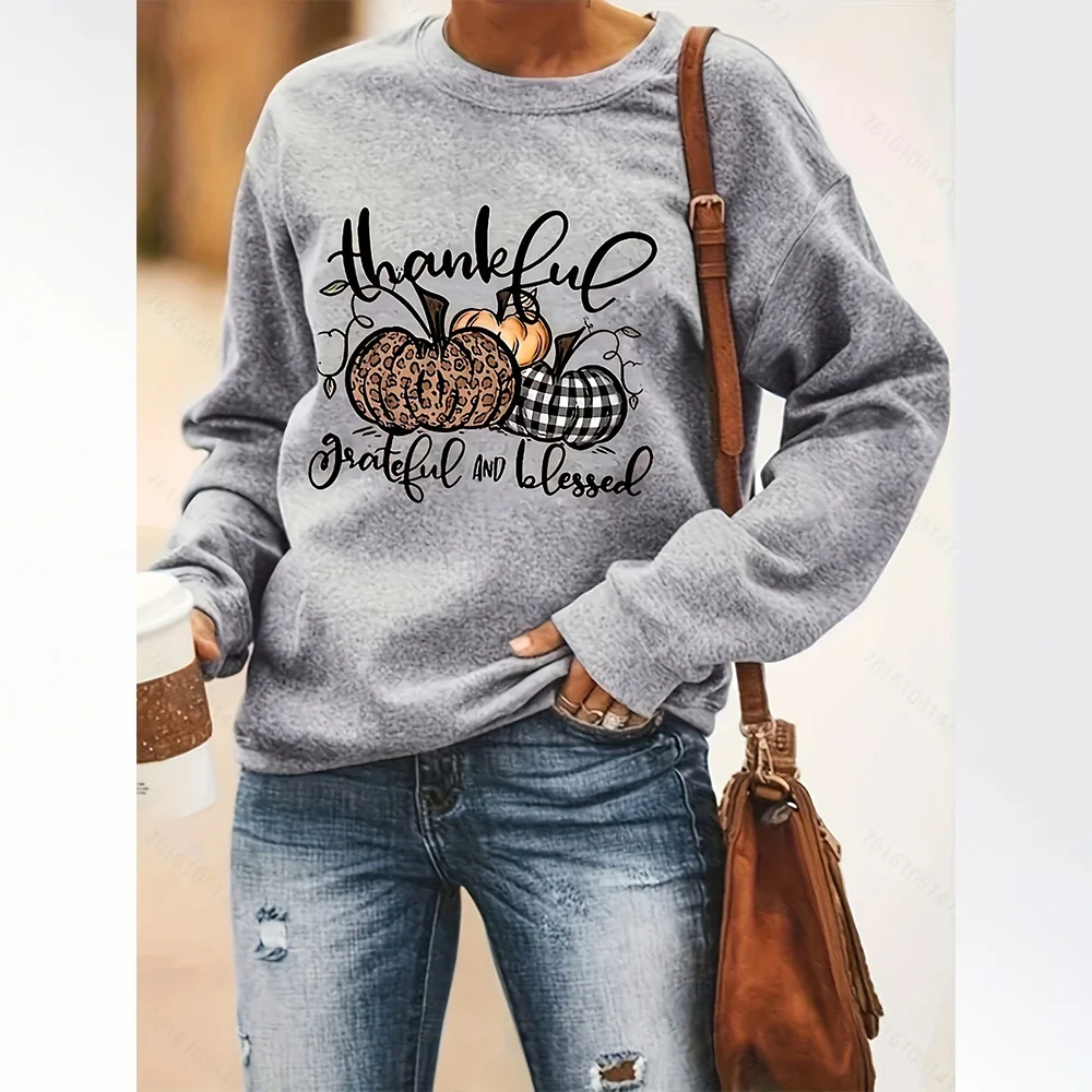 Women's Long Sleeve Sweatshirt Round Neck Loose Long Sleeve Pullover Halloween Party Style Costume Pumpkin Letter Pullover 2024