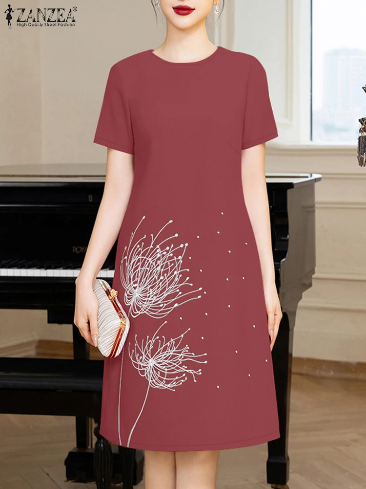 ZANZEA Womens Commuting Solid Vestidos Casual O-Neck Summer Short Sleeve T-Shirt Dresses Embroidered Knee-Length Robes Femme