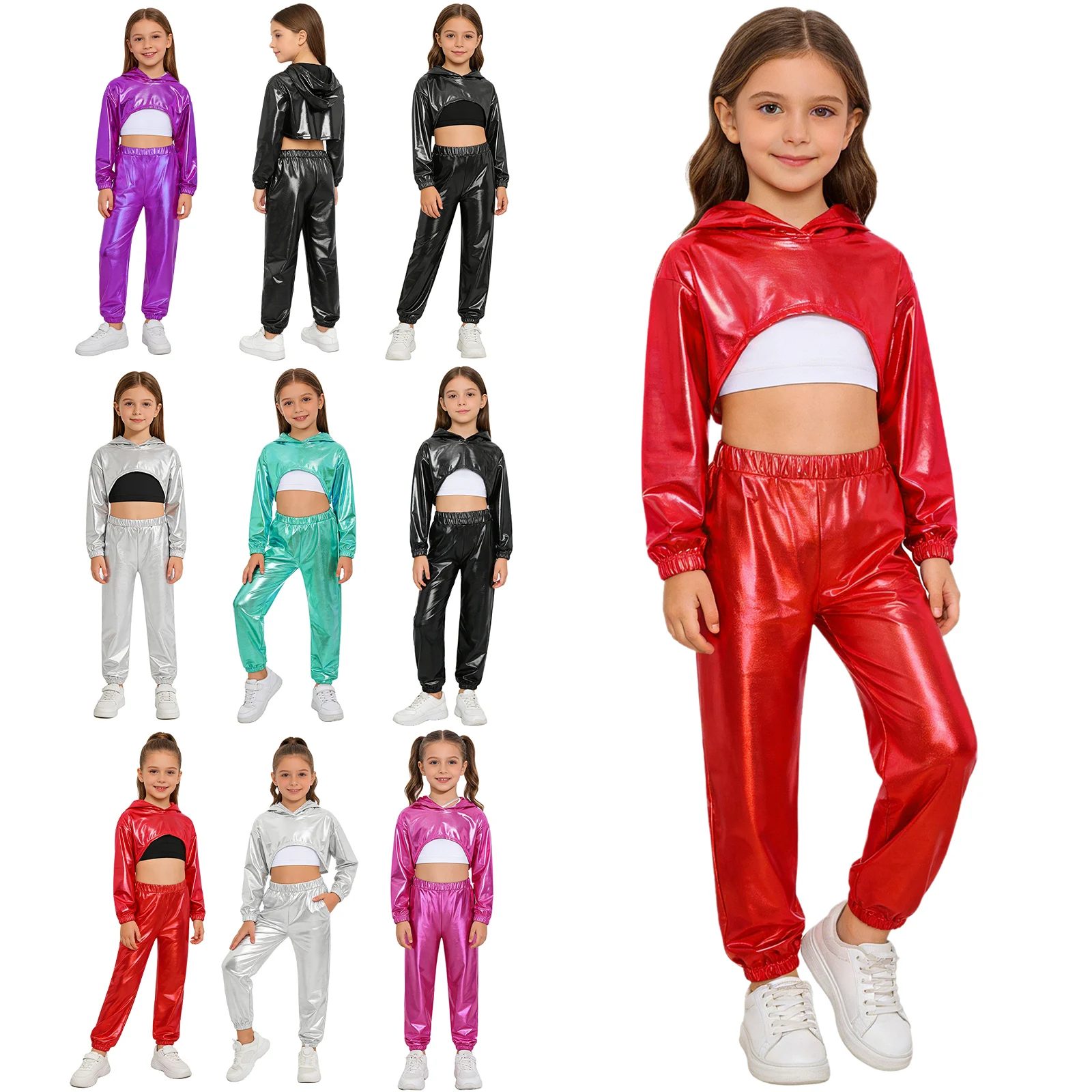 Kids Girls Metallic Shiny Hip-Hop Jazz Dance Costume Long Sleeve Cropped Hoodie with Vest Pants for Stage Performance Streetwear