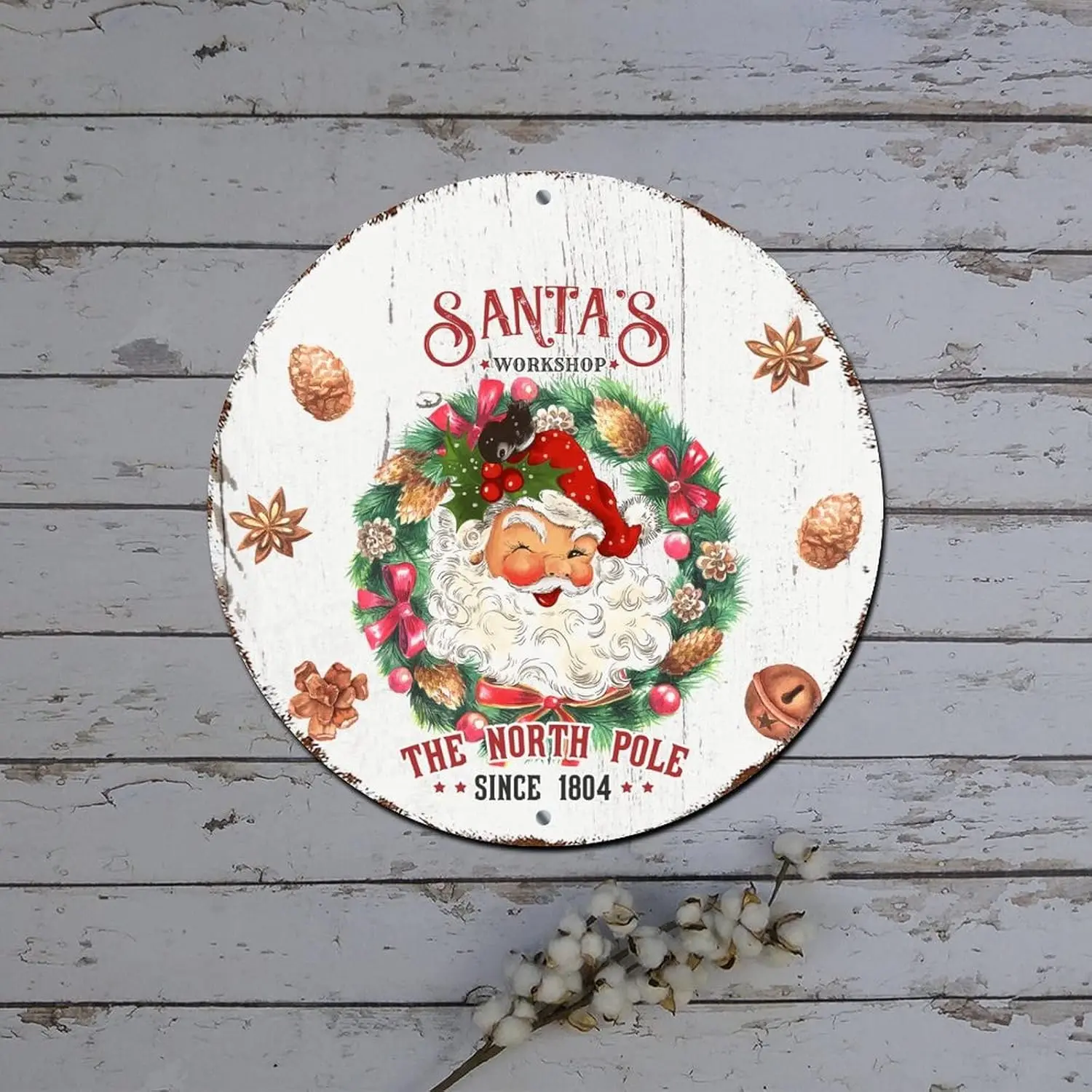 Merry Christmas Wreath Sign Santa's Workshop Vintage Santa Clause Round Metal Tin Sign Christmas Joy Decor Distressed Stylis