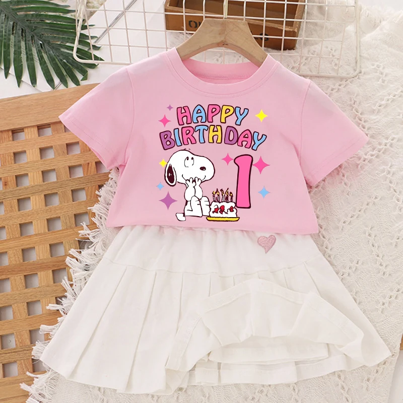 

Snoopys Girl Short Sleeved Pleated Skirt Set Kid T-shirt Skirt 2pcs Suit Baby Kawaii Tees Children Cute Clothes Birthday Gift