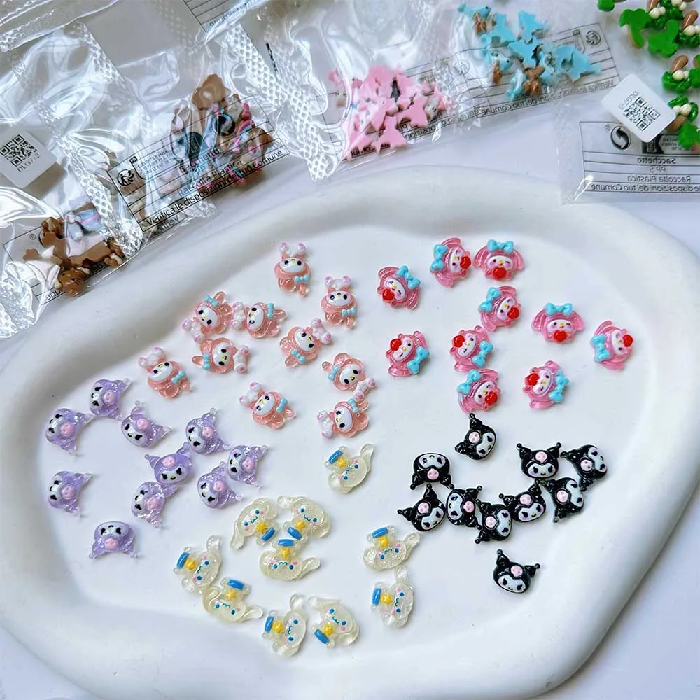 10Pcs Kunomi Melody Big Eared Dog Fine Flash Nail Charms Flatback Resin Hello Kitty Sanrio Craft Nail Jewelry Supplies Accessori