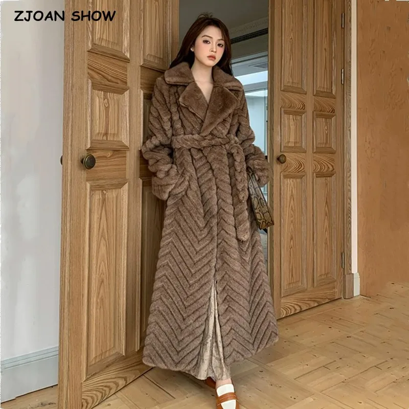 

Winter Brown Embossing Wave Strip Pattern Faux Mink Fur Coat CHIC Women Bow Sashes Full Sleeve Loose Warm X-Long Outerwear