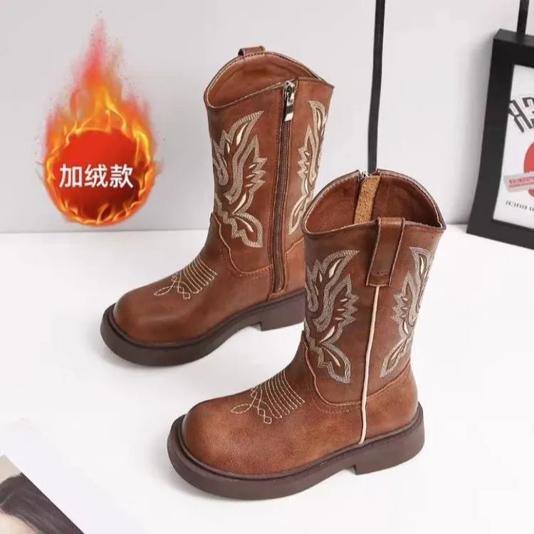 

Children's PU Leather Boots Classic Western Cowboy Embroidery Girls Long Booties Kids winter Add velvet Retro Princess Boots