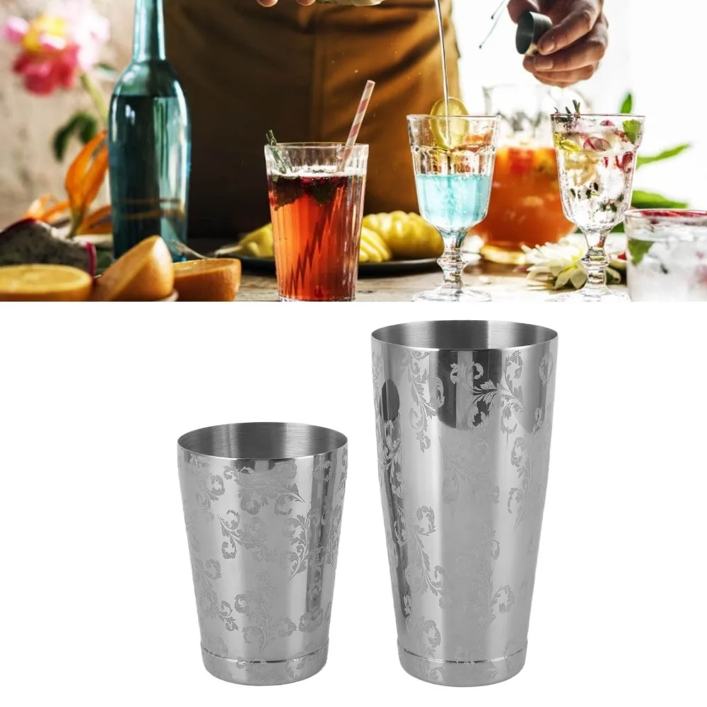 

304 Stainless Steel Cocktail Shaker Etched Pattern Weighted Bottom Bar Mixer Japanese Style Silver Shaking Tin Set