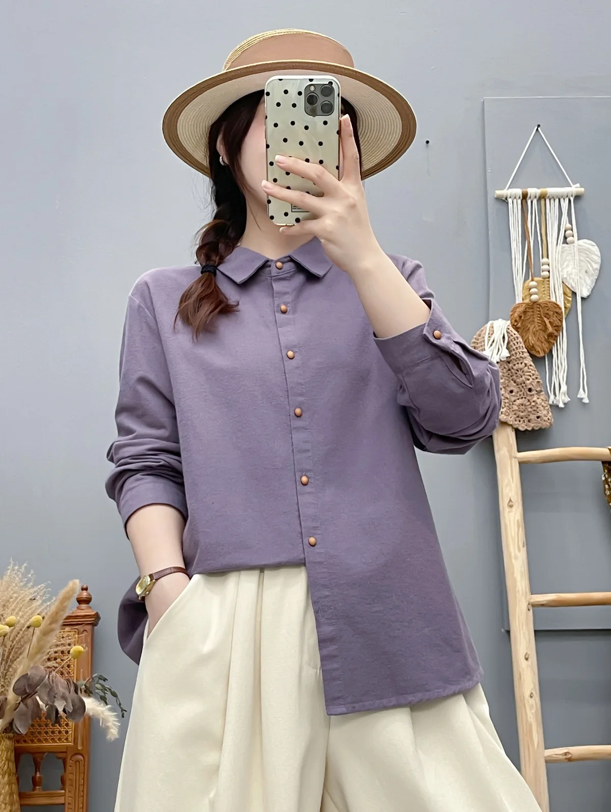 

[Готовый запас] Высококачественная женская блузка из 100% хлопка, рубашка с красными пуговицами, однотонная, простая, повседневная, свободная, верхняя рубашка