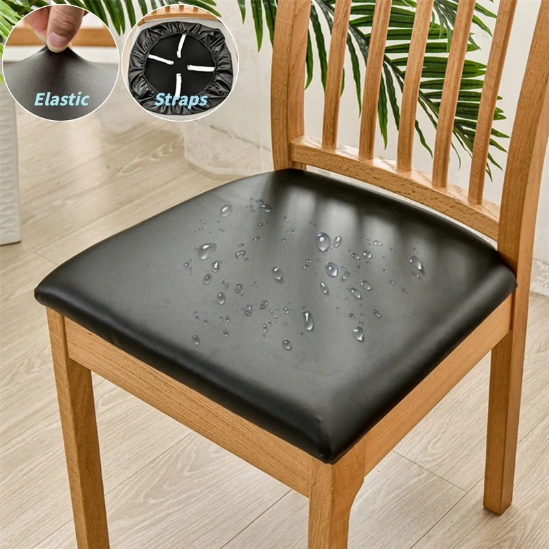 1PC PU Leather Chair Seat Cover Solid Color Waterproof Dining Chair Covers Elastic Chair Slipcovers for Home Banquet Office