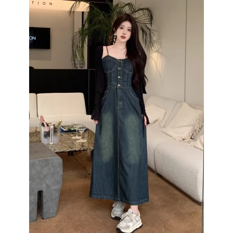 

Hong Kong Style Retro Denim Camisole Dress, Women's Summer Waist Cinching and Slimming Temperament Long Skirt