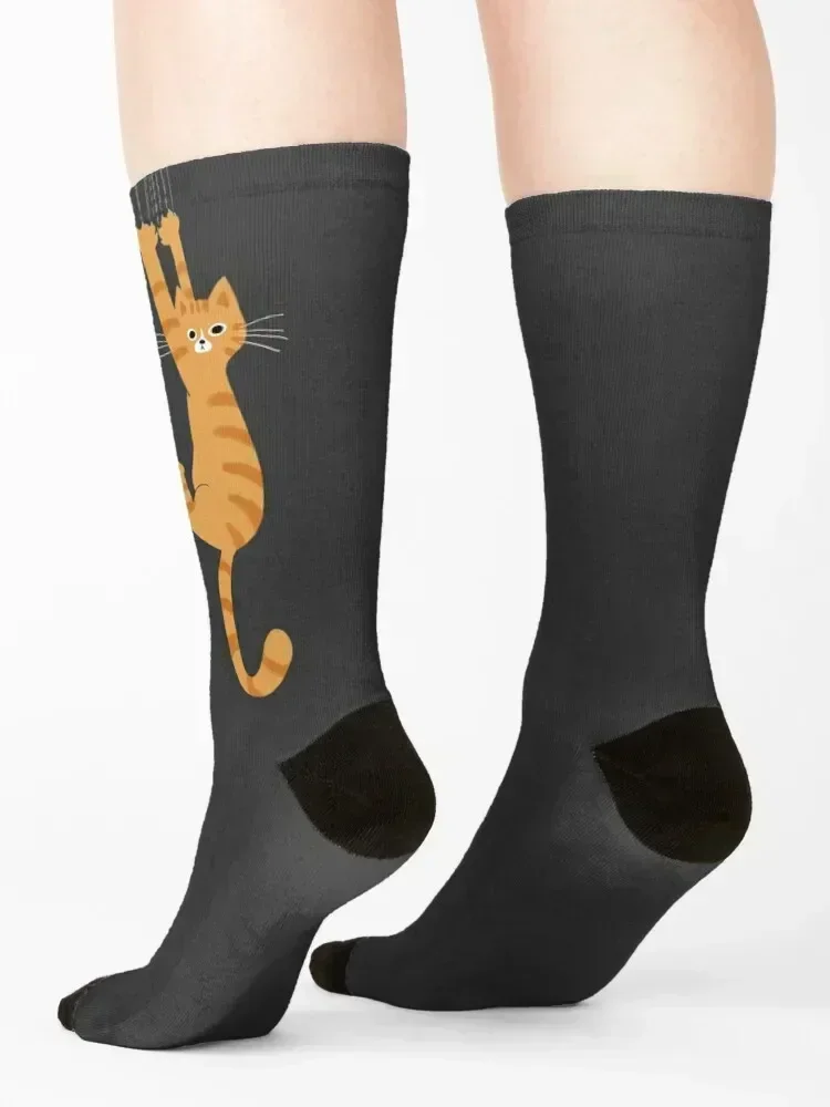 Orange Tabby Cat Hanging On Funny Striped Cat Socks cartoon tennis colored cool Women Socks Men's