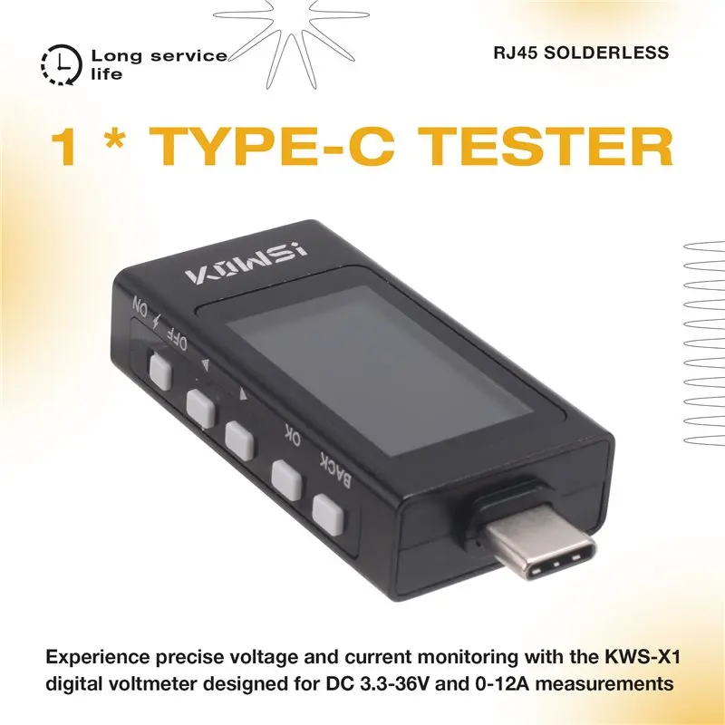 A40I  KWS-X1 Type-C Tester DC 3.3-36V 0-12A Digital Voltage Current Detection Meter IPS Display Fast Charging Trigger Meter