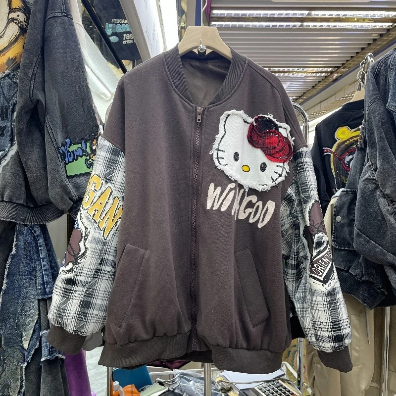 2025 Autumn New Fashion Versatile Heavy Industry Cartoon Cat Embroidery Long Sleeves Baseball Jacket For Women's Y2k Kawaii Coat