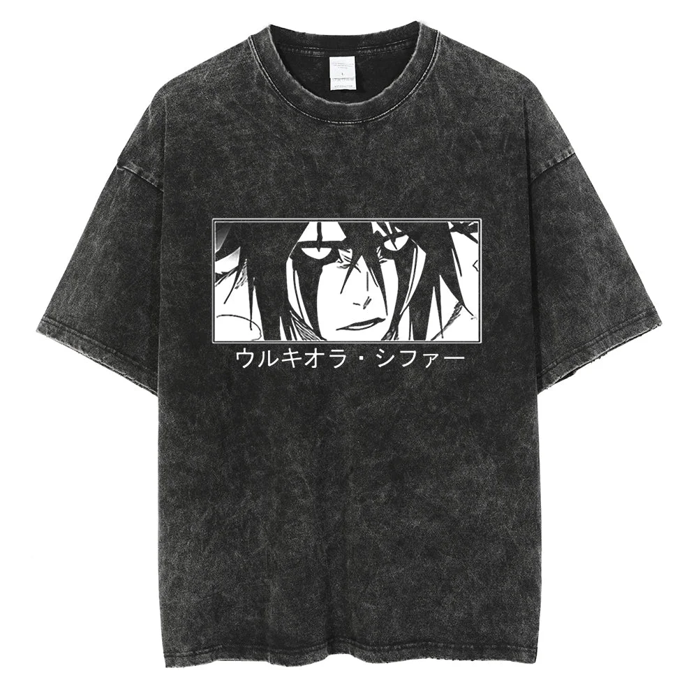 Hot Ulquiorra Cifer T-Shirts Bleach Anime Tees Round Neck Washed T Shirts Japanese Harajuku Unisex Tops Casual Short Sleeves