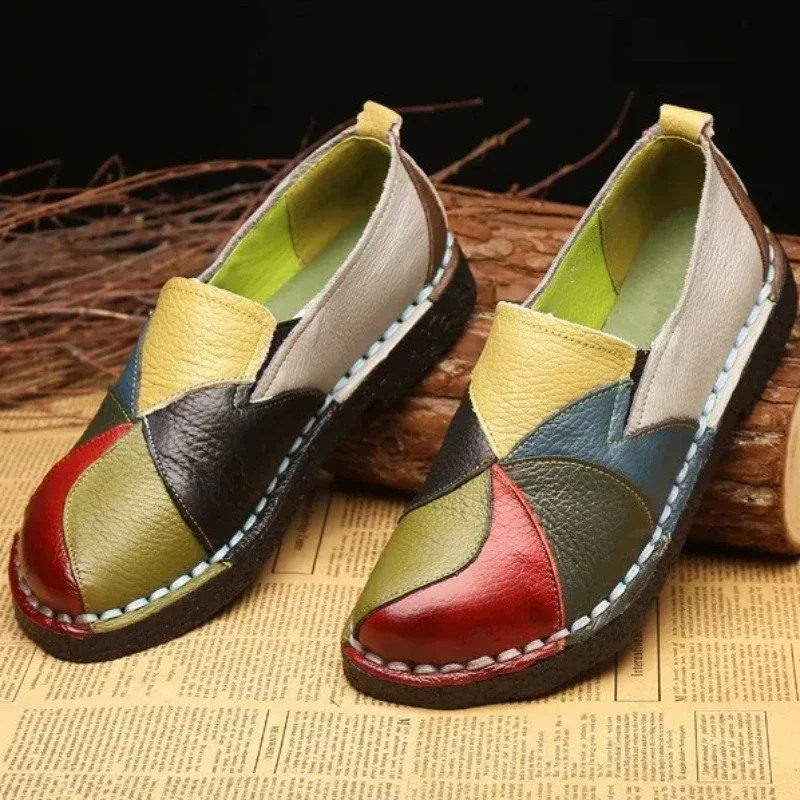 

Women Shoes Handmade Oxford Loafers Mixed Color Leather Casual Shoes Soft Comfort Flats Non Slip Oxfords Moccasins Zapatos Mujer
