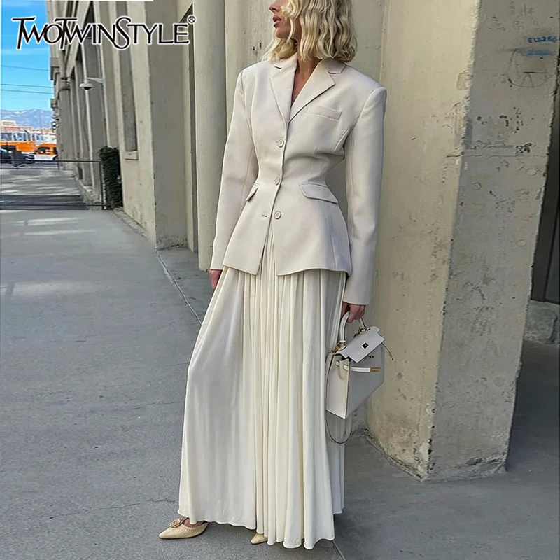 TWOTWINSTYLE Solid Chic Two Pieces Sets For Women Lapel Long Sleeve Blazer High Waist Spliced Pleasted Skirt Elegant Set Female